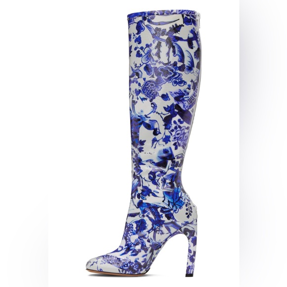 DRIES VAN NOTEN Unisex Blue White Fine China Unisex Patent Leather Boots - Picture 5 of 7